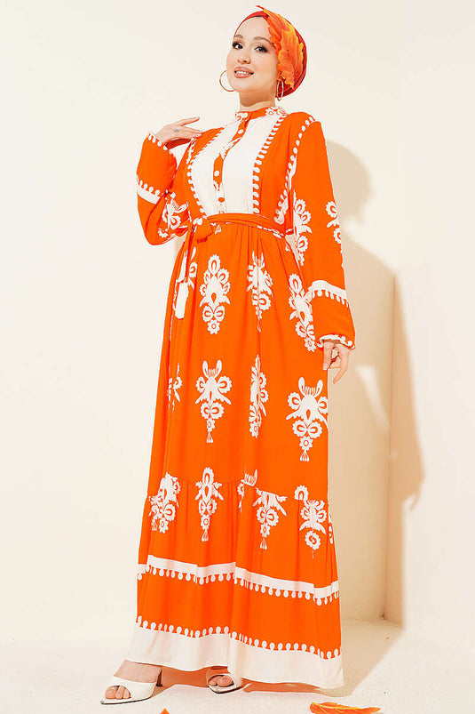 Robe en viscose à motifs avec ceinture et demi-boutons orange