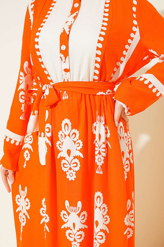 Robe en viscose à motifs avec ceinture et demi-boutons orange