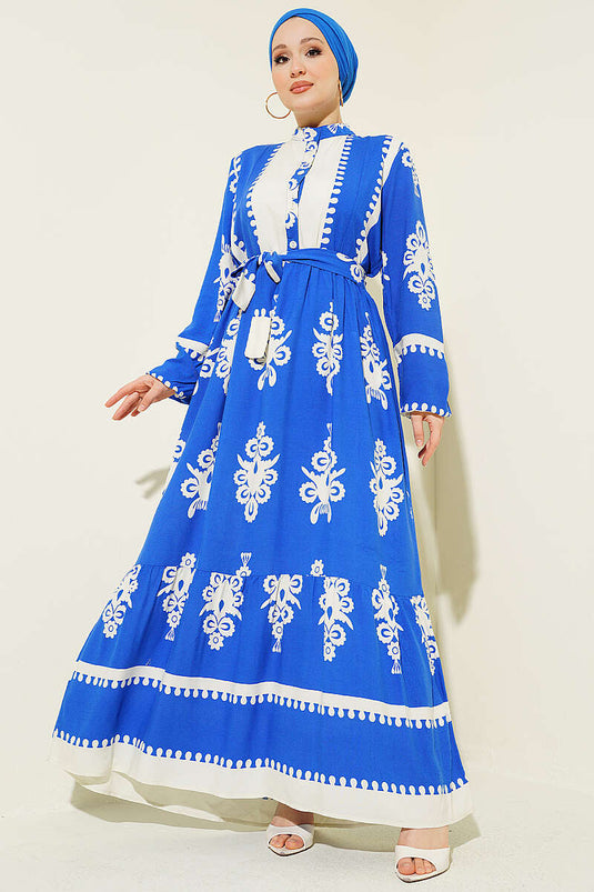 Robe en viscose à motifs avec ceinture et demi-boutons bleu saphir