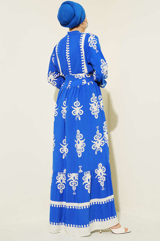 Robe en viscose à motifs avec ceinture et demi-boutons bleu saphir