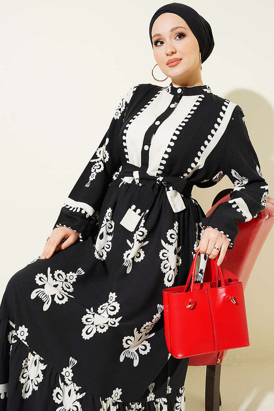 Robe en viscose à motifs avec ceinture et demi-boutons noire
