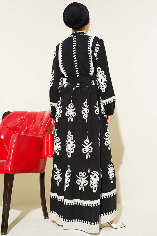 Robe en viscose à motifs avec ceinture et demi-boutons noire