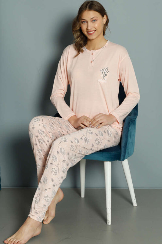 Ensemble pyjama en viscose à motif tulipes saumon