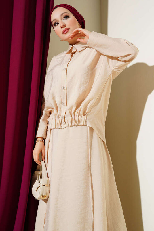 Ensemble deux pièces à jupe élastique beige