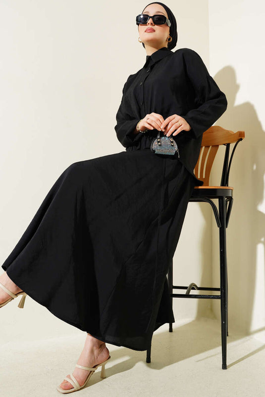 Lastik Detaylı Etekli İkili Takım Siyah