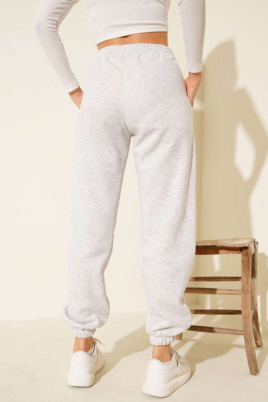 بنطال رياضي بثلاثة خيوط مع حزام خصر مطاطي، رمادي فاتح