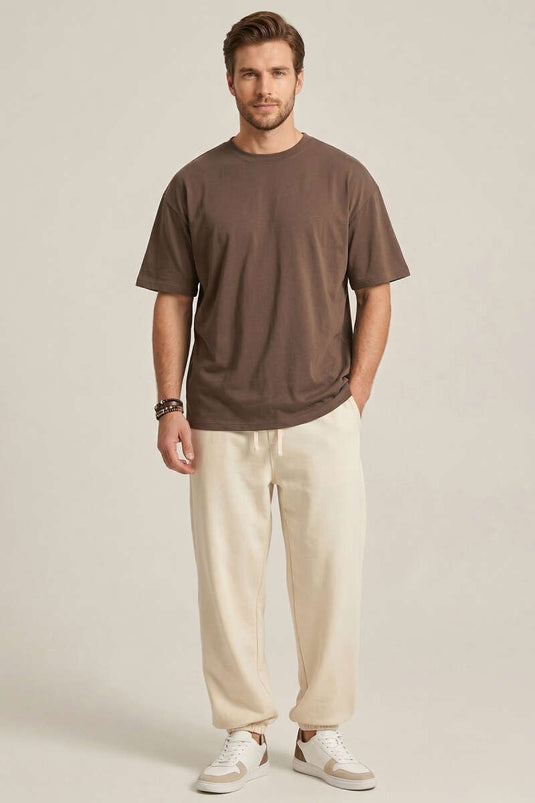 Lazer Kesim Basic Erkek T-shirt Kahve