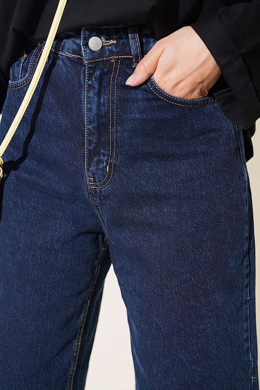 Pantaloni In Denim Blu Navy Con Taglio Laser E Tasche