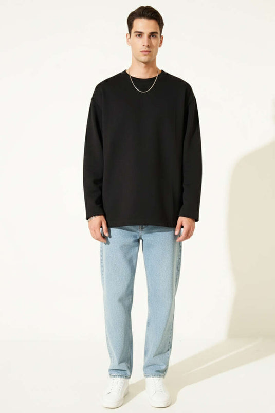 Lazer Kesim Uzun Kollu Sweatshirt Siyah