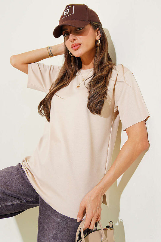 Lazer geschnittenes Basic-T-Shirt Beige