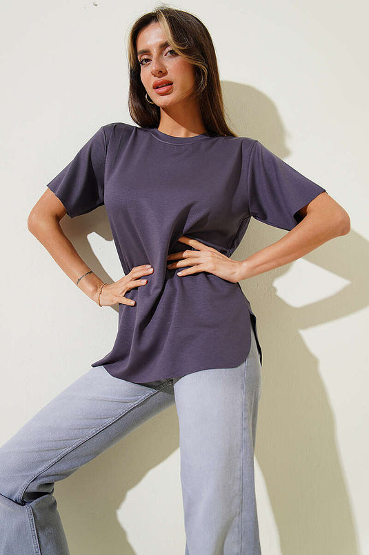 Lazer Kesimli Basic  T-shirt Füme