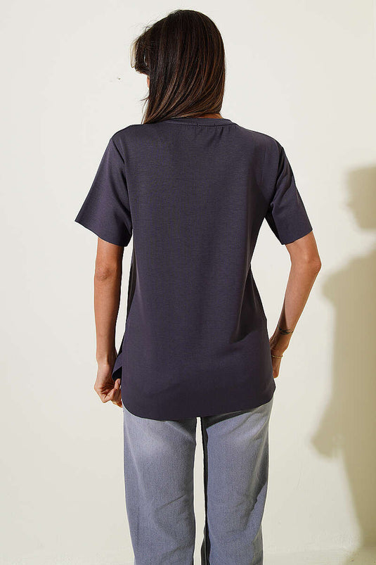 Lazer Kesimli Basic  T-shirt Füme