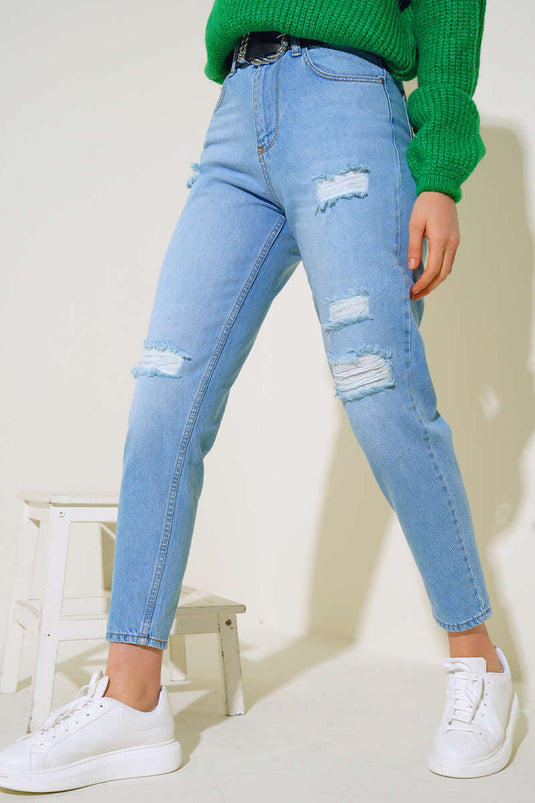 بنطال جينز ممزق بالليزر باللون الأزرق الجليدي