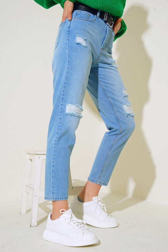 بنطال جينز ممزق بالليزر باللون الأزرق الجليدي