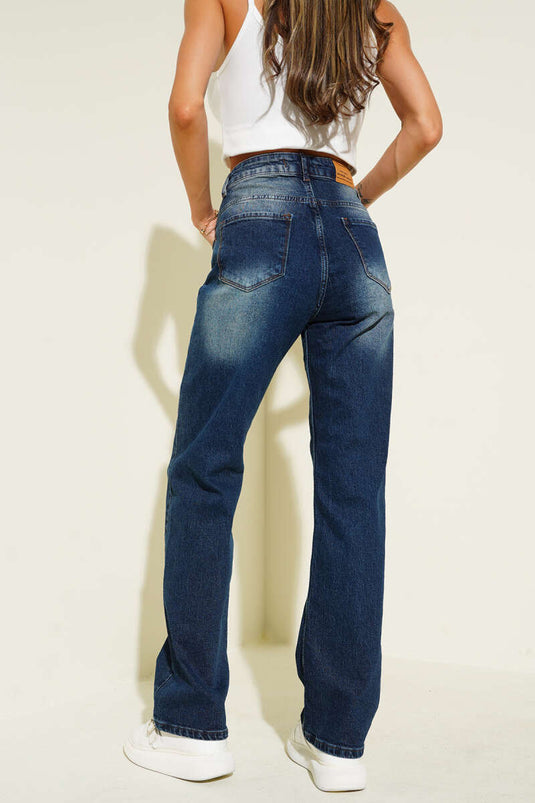 Lazer Yıpratmalı Boru Paça Kot Pantolon Mavi