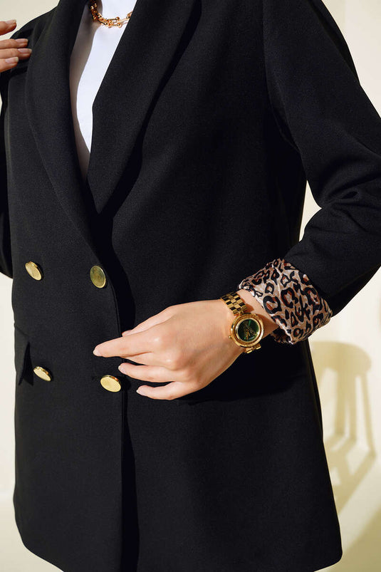 Leopar Astarlı Blazer Ceket Siyah