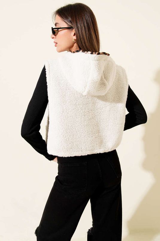 Leopar Astarlı Peluş Kısa Yelek Ekru