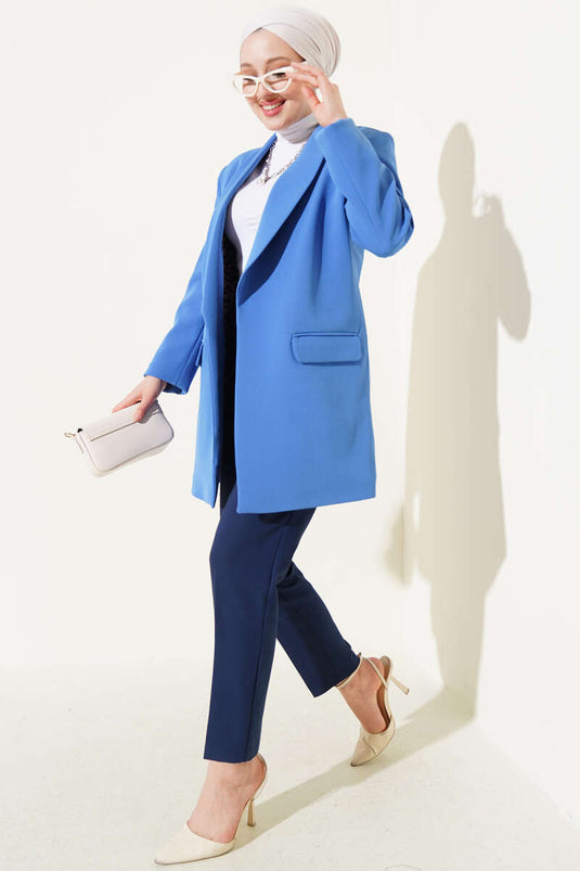 Langer Blazer mit Leopardenmuster und Futter in Blau