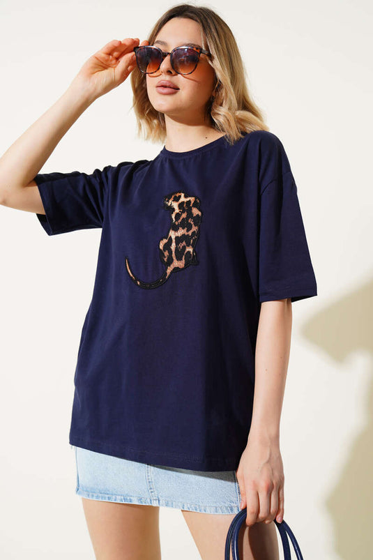 T-shirt basique imprimé léopard bleu marine