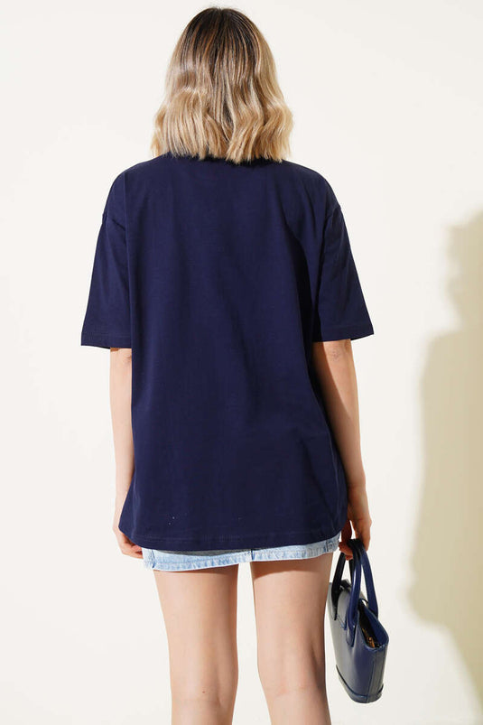 T-shirt basique imprimé léopard bleu marine