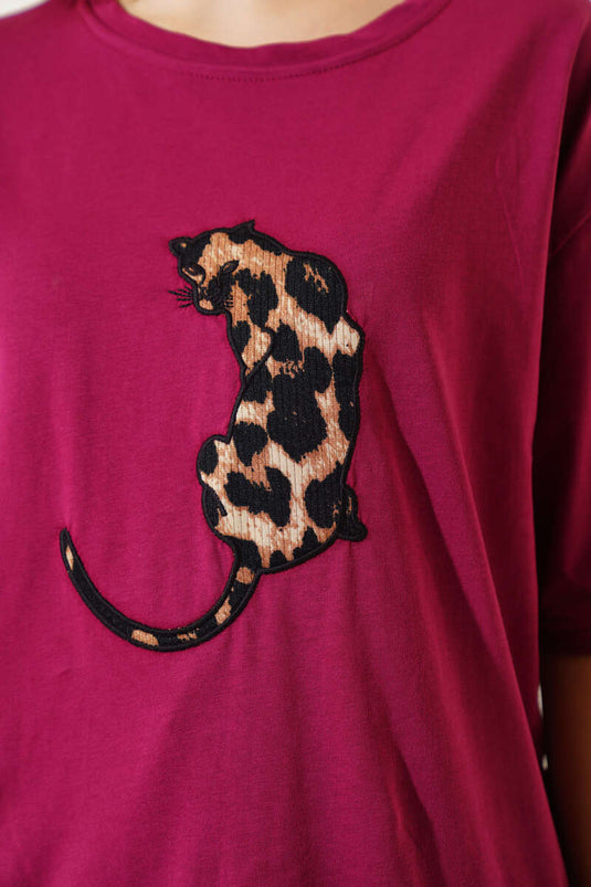 T-shirt basique imprimé léopard prune