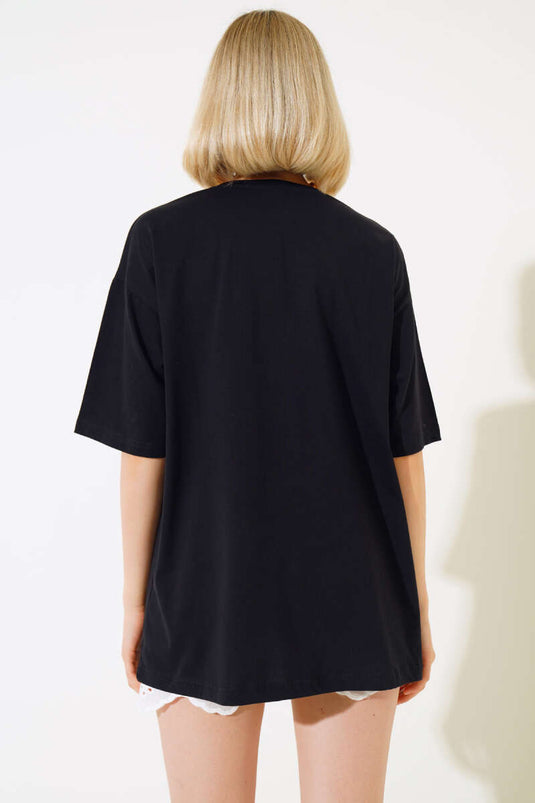 T-shirt noir à imprimé léopard