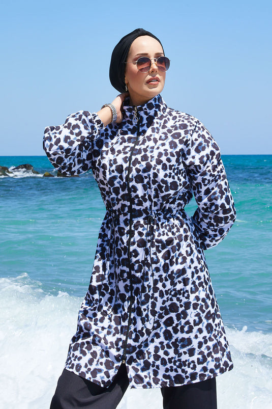 Leopard Waist Pleated Hijab Swimsuit Black