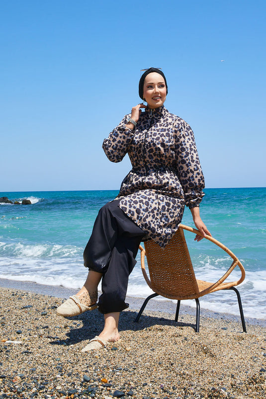 Luipaard taille geplooide bescheiden badpak nerts