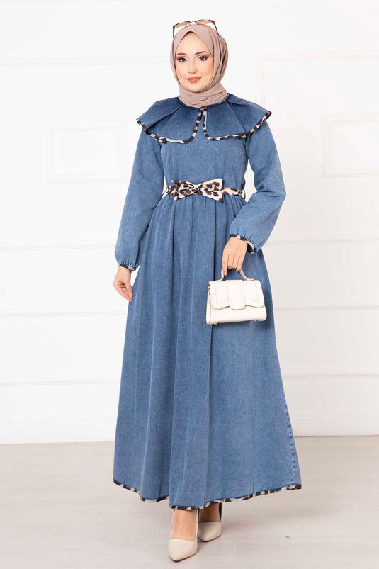 Robe en jean à nœud léopard bleu