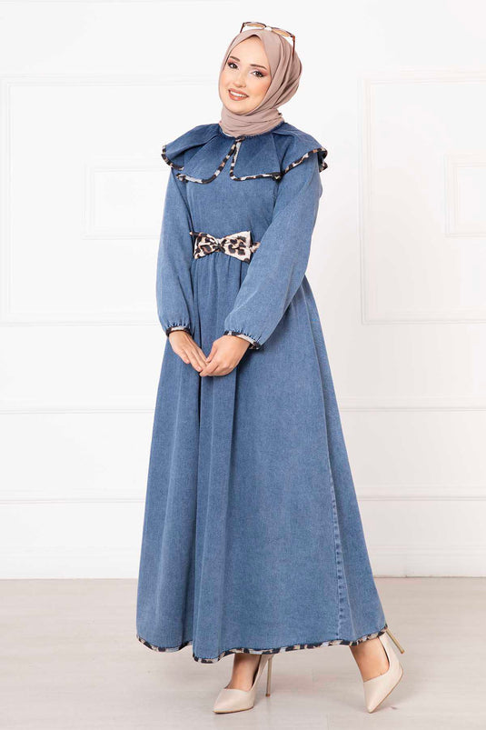 Robe en jean à nœud léopard bleu