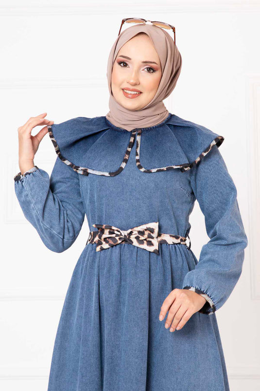 Leopard-Piece Bow Denim Dress Blue