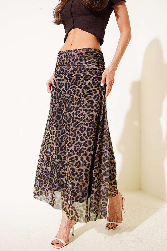 Leopard Print Waist Ruched Tulle Skirt Black