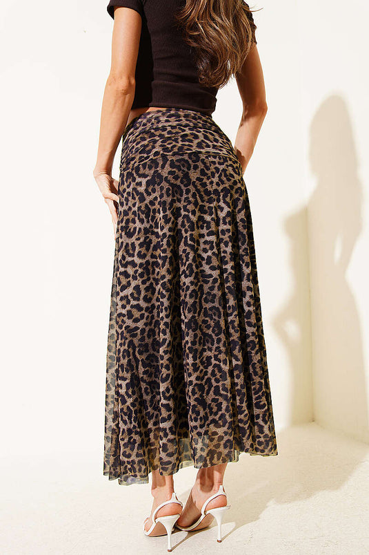 Leopard Print Waist Ruched Tulle Skirt Black