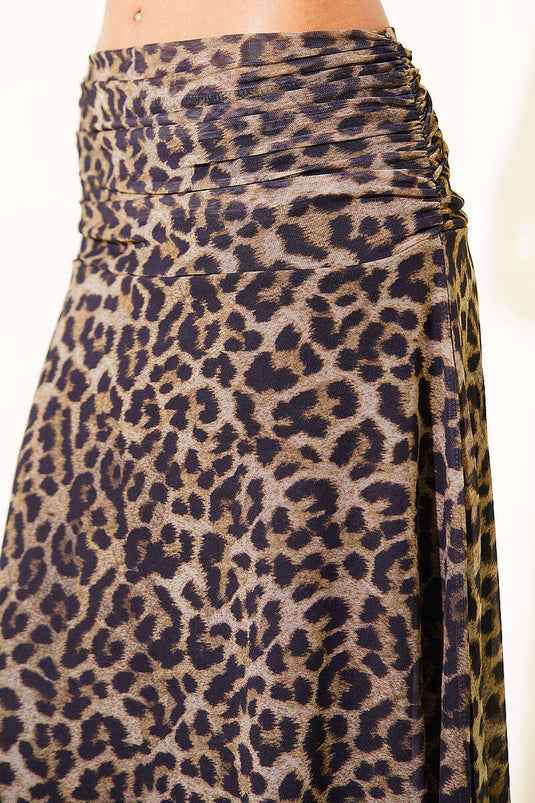 Leopard Print Waist Ruched Tulle Skirt Black