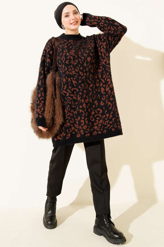 Leopar Desen Detaylı Sakallı Kazak Siyah