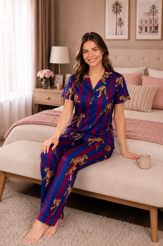 Leopar Desen Düğmeli Pijama Takımı İndigo