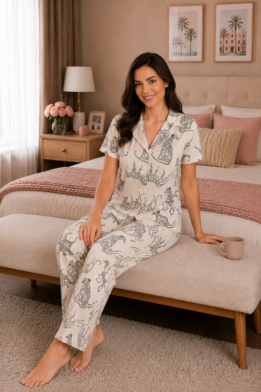 Leopar Desen Düğmeli Pijama Takımı Krem