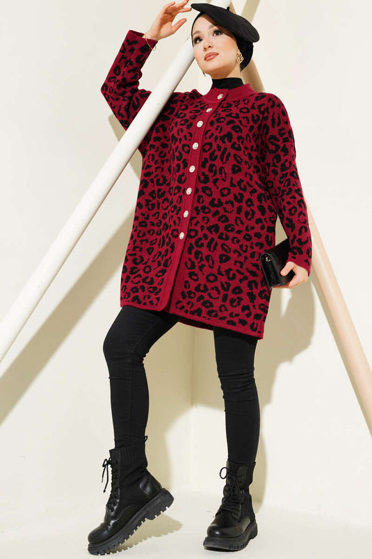 Leopard Print Buttoned Knit Cardigan Burgundy