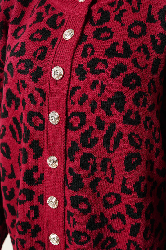 Leopard Print Buttoned Knit Cardigan Burgundy