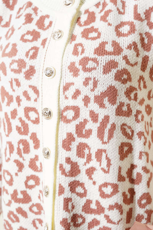 Leopard Print Buttoned Knit Cardigan Cream Rose Pink