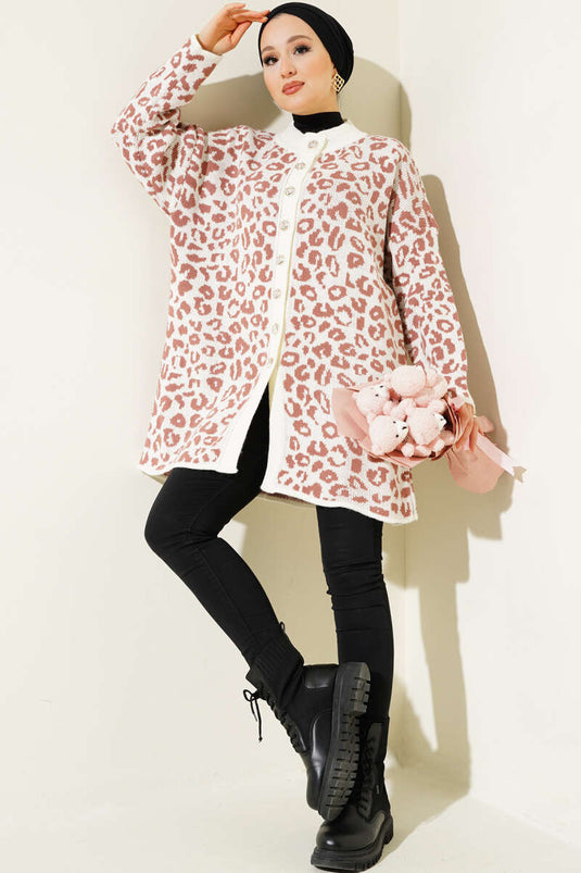 Leopard Print Buttoned Knit Cardigan Cream Rose Pink