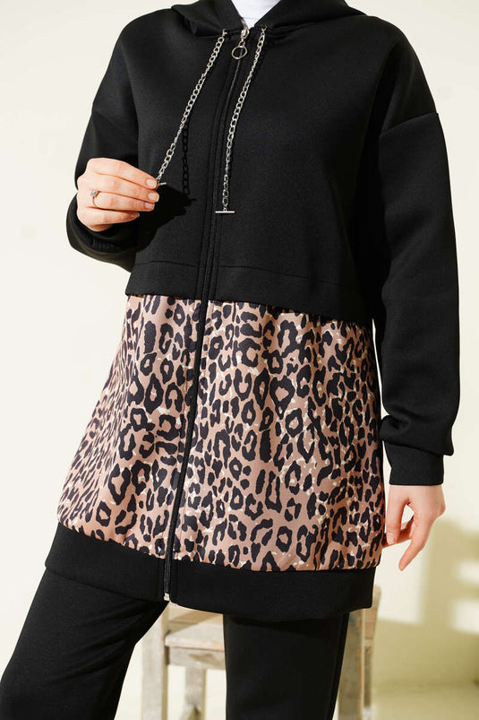 Leopar Desen Fermuarlı Scuba İkili Takım Siyah