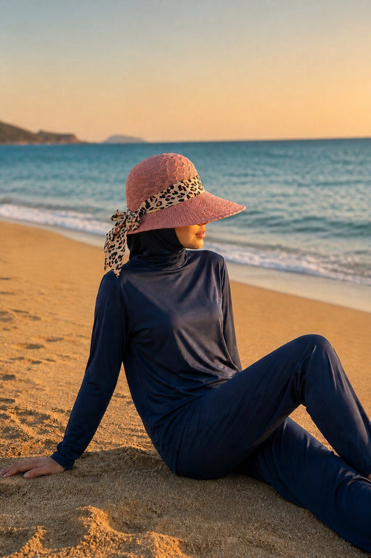 Leopard Print Scarf Straw Beach Hat in Rosewood
