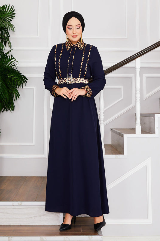 Hijab-Kleid mit Hemdkragen und Leopardenmuster, Marineblau