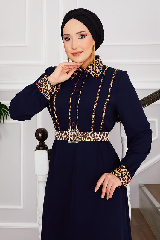 Hijab-Kleid mit Hemdkragen und Leopardenmuster, Marineblau