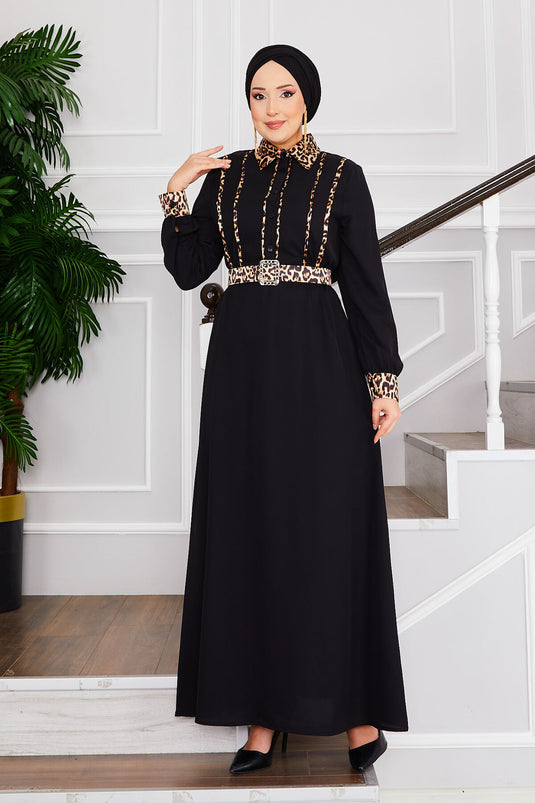 Hijab-Kleid mit Hemdkragen und Leopardenmuster in Schwarz