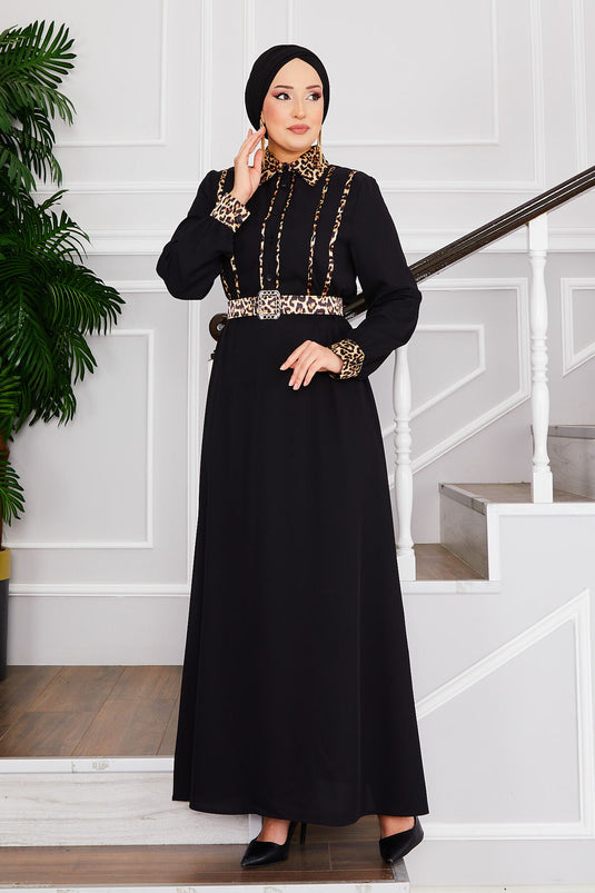 Hijab-Kleid mit Hemdkragen und Leopardenmuster in Schwarz