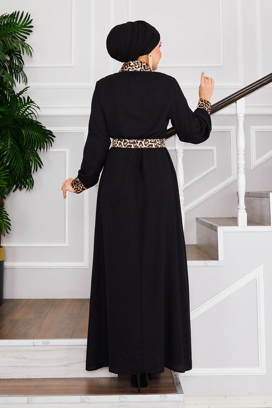 Hijab-Kleid mit Hemdkragen und Leopardenmuster in Schwarz