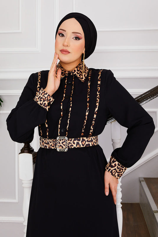 Robe Hijab à Col Chemise Motif Léopard Noir