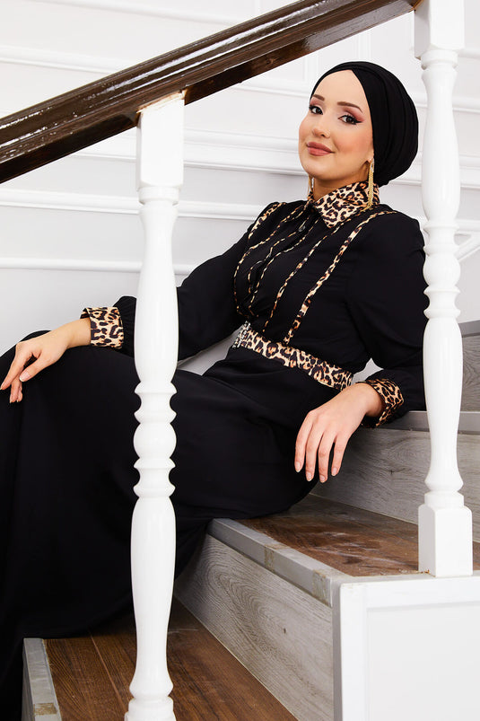 Hijab-Kleid mit Hemdkragen und Leopardenmuster in Schwarz